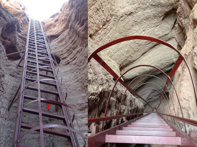 張掖丹霞地貌・平山湖大峡谷の傾斜85度の金属製の階段（はしご）